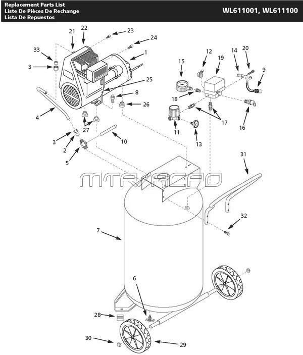 Wl611 Series Tank Parts Diagram and Parts List for WL611100AJ  Campbell Hausfeld Compressor
